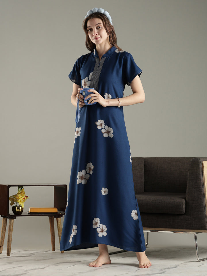Teal blue alpine floral a-line fancy nighty for women