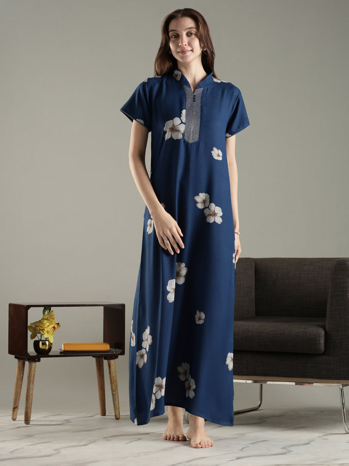 Teal blue alpine floral a-line fancy nighty for women