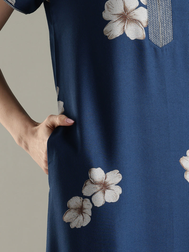 Teal blue alpine floral a-line fancy nighty for women