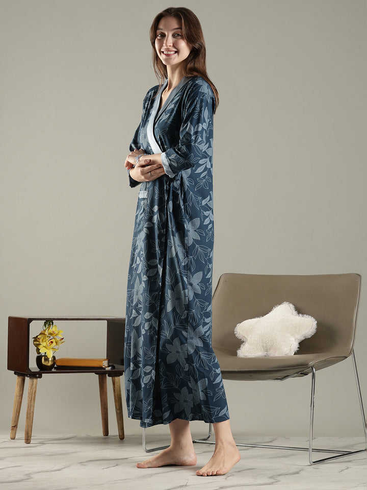 Teal blue soft floral trendy house Coat for women in viscose blend