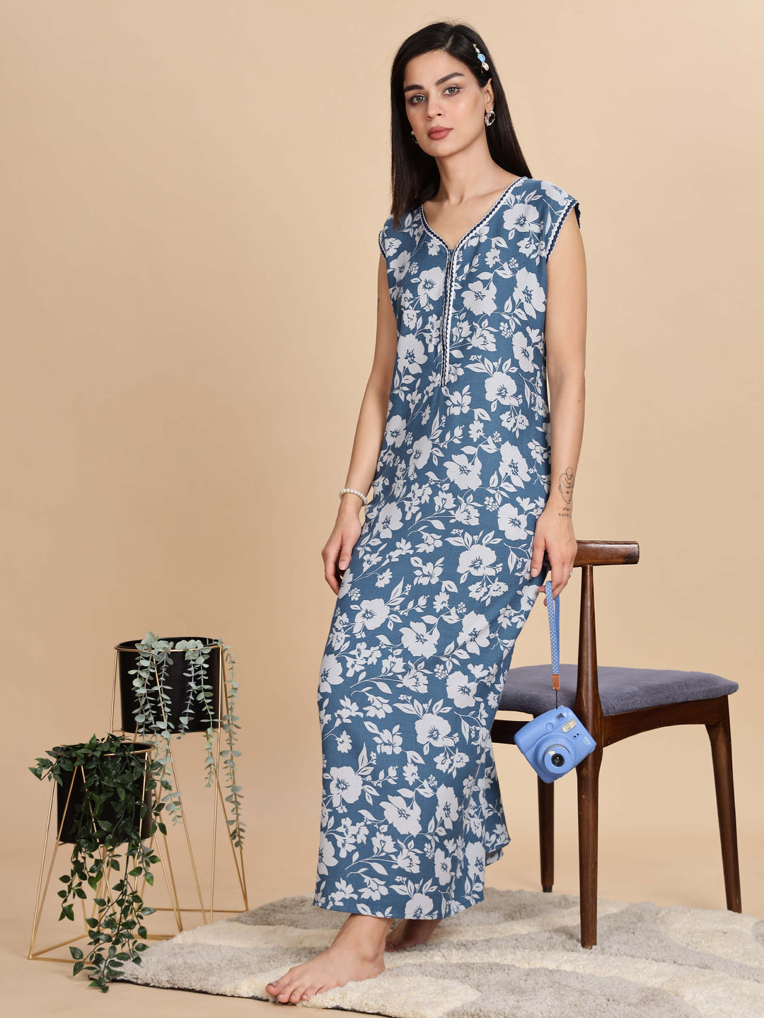 Teal Blue Sleeveless Night dress for Women