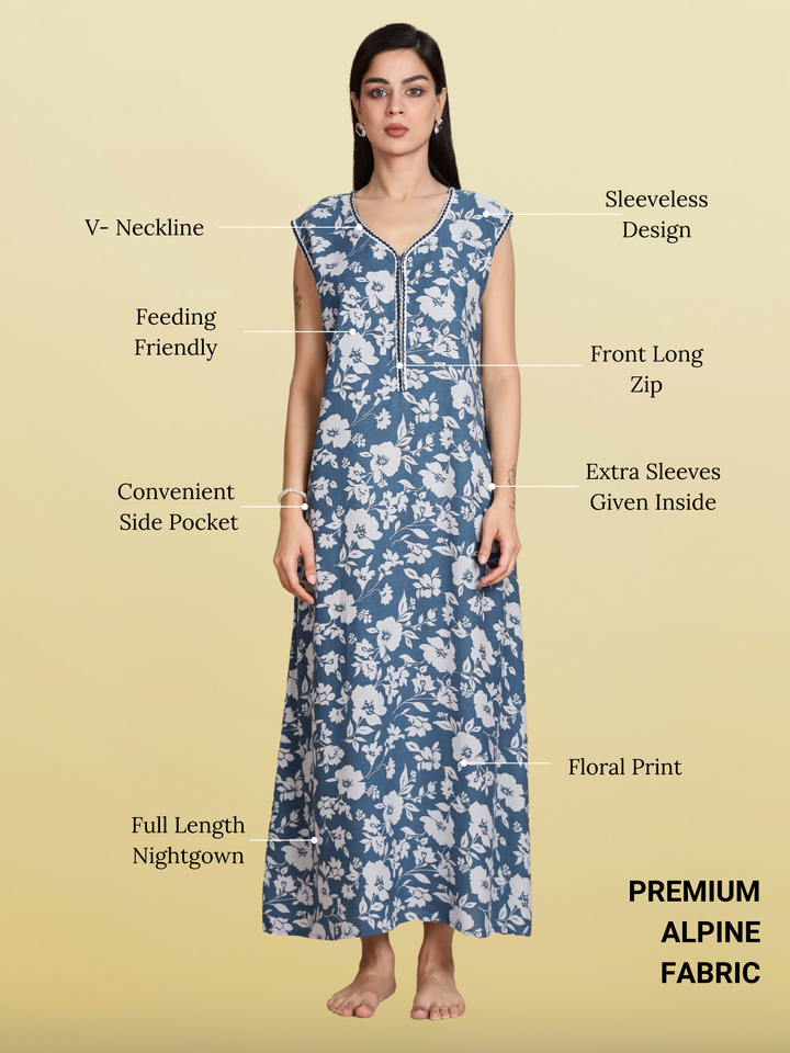 Teal Blue Sleeveless Night dress for Women