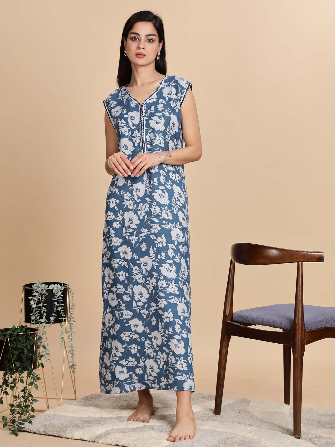 Teal Blue Sleeveless Night dress for Women