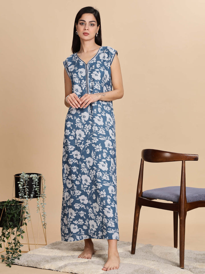 Teal Blue Sleeveless Night dress for Women