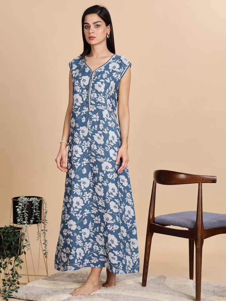 Teal Blue Sleeveless Night dress for Women