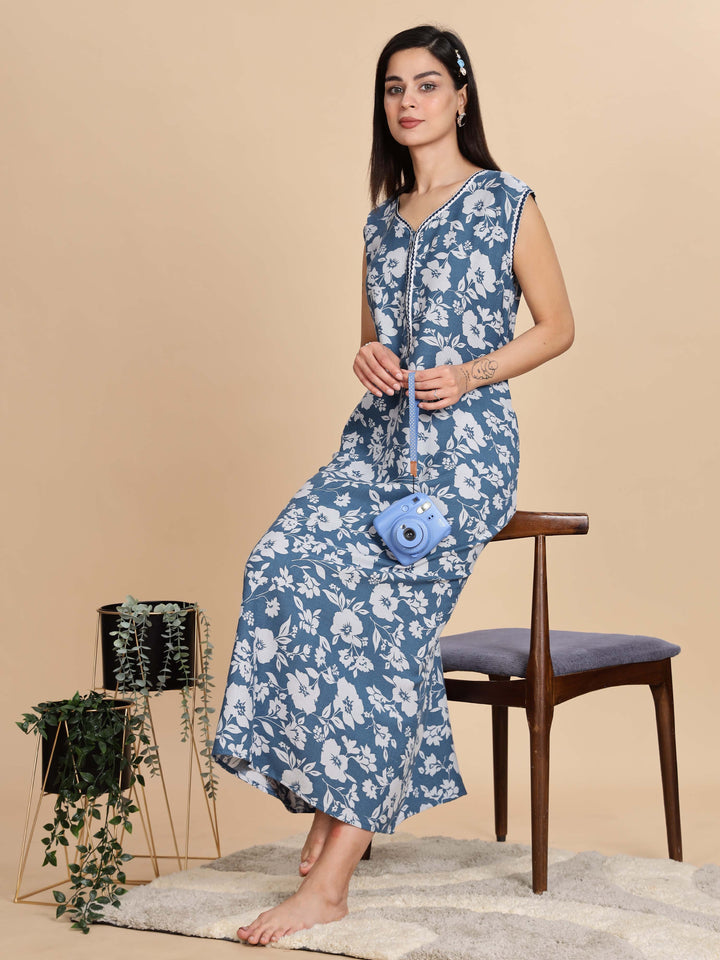 Teal Blue Sleeveless Night dress for Women