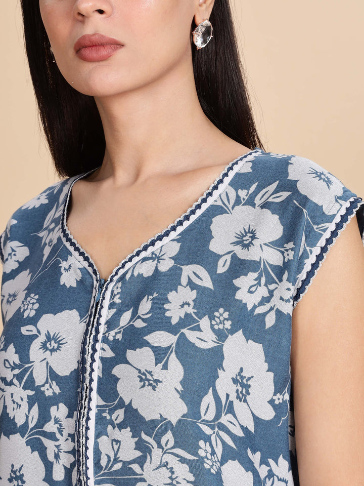 Teal Blue Sleeveless Night dress for Women