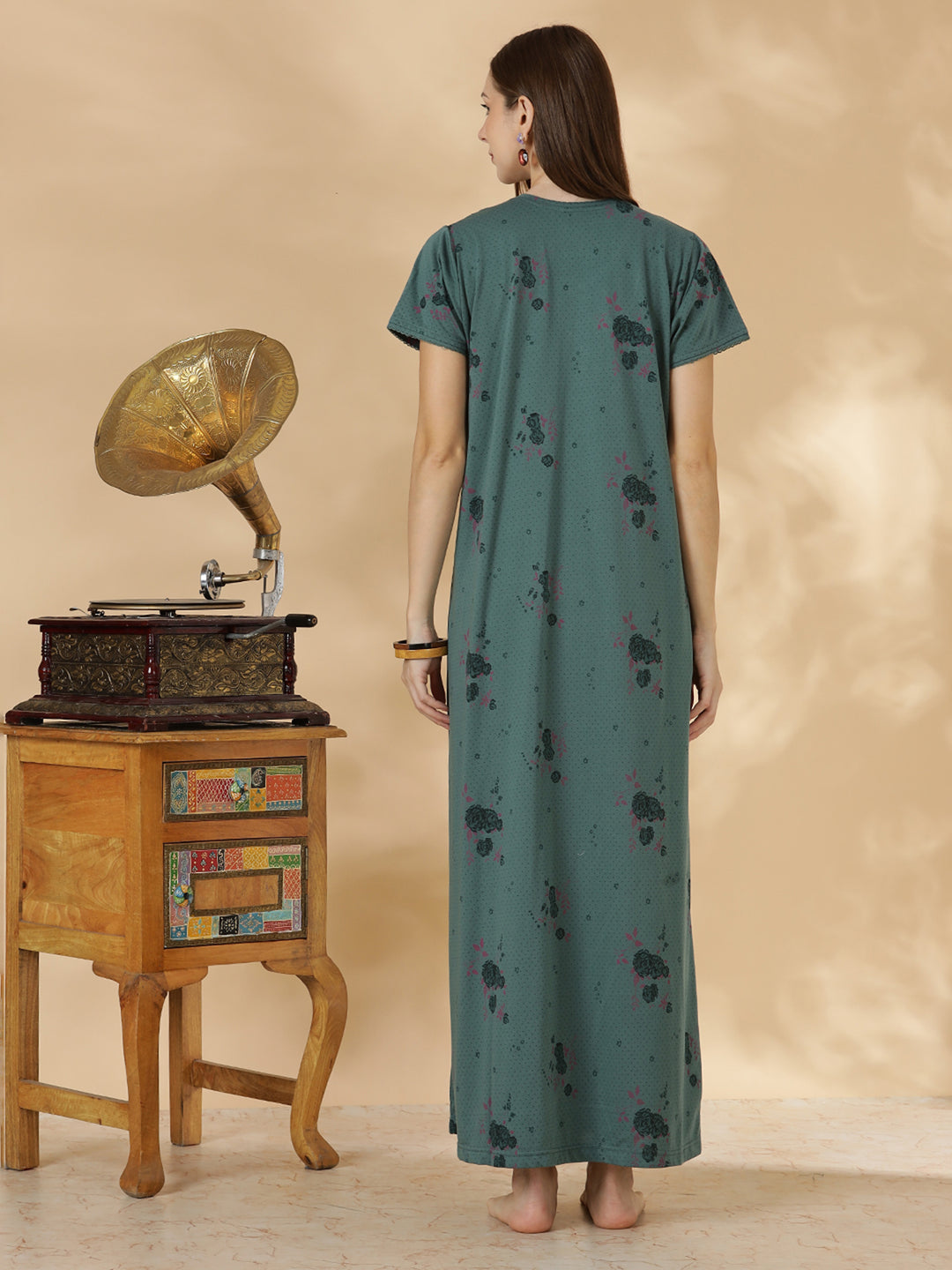 Misty teal floral cotton blend daily wear nighty for women