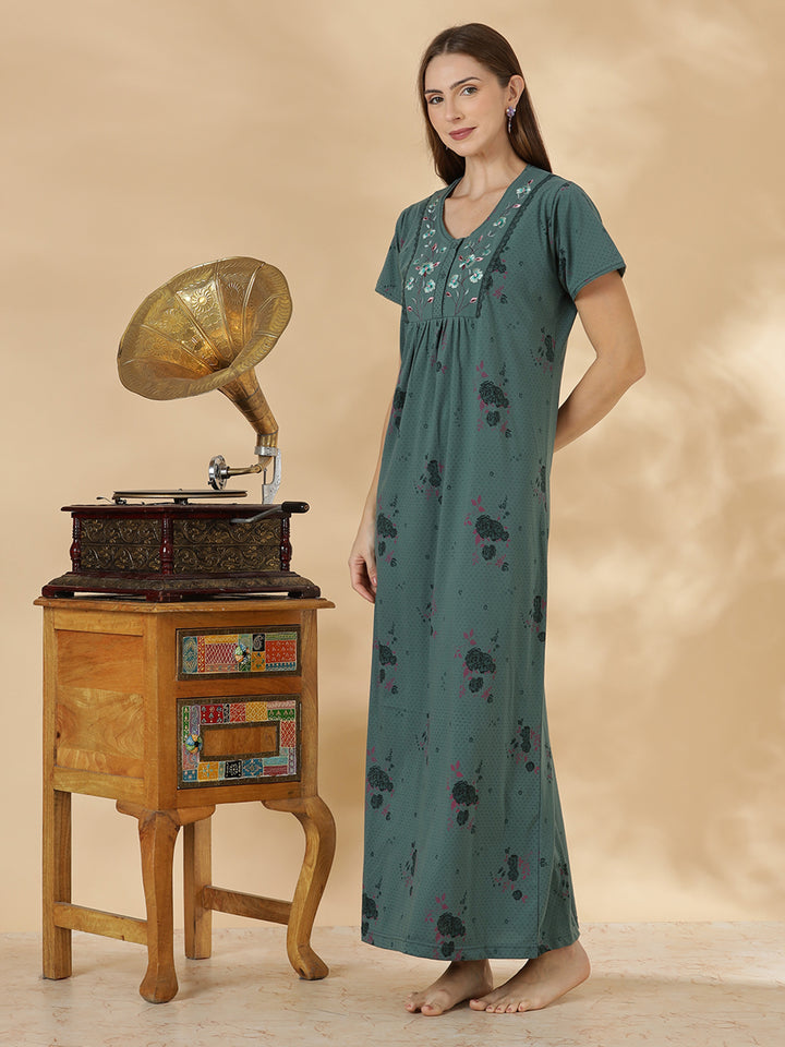 Misty teal floral cotton blend daily wear nighty for women