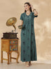 Floral Pleated Cotton Blend Nighty for Women in Misty Teal