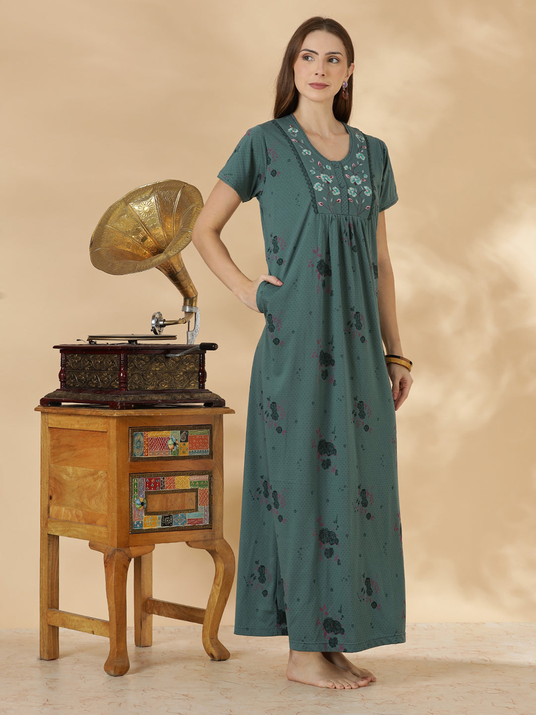 Misty teal floral cotton blend daily wear nighty for women