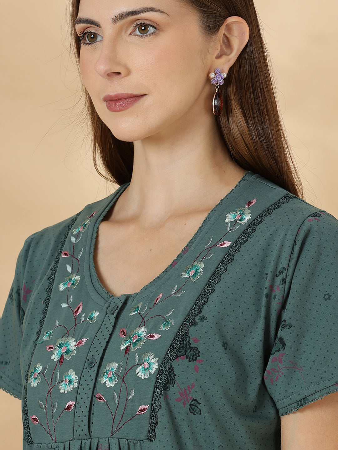 Misty teal floral cotton blend daily wear nighty for women