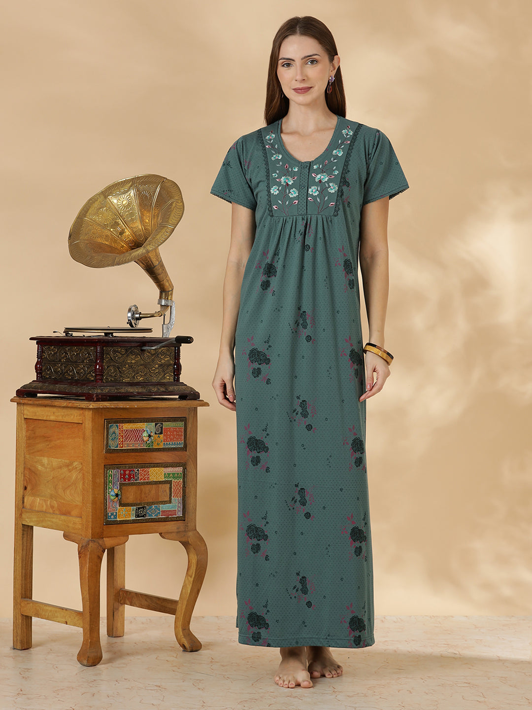 Misty teal floral cotton blend daily wear nighty for women