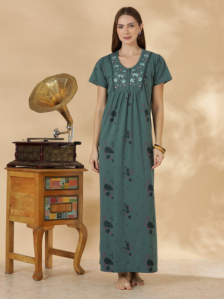 Misty teal floral cotton blend daily wear nighty for women