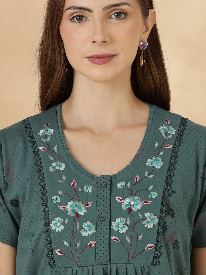 Misty teal floral cotton blend daily wear nighty for women