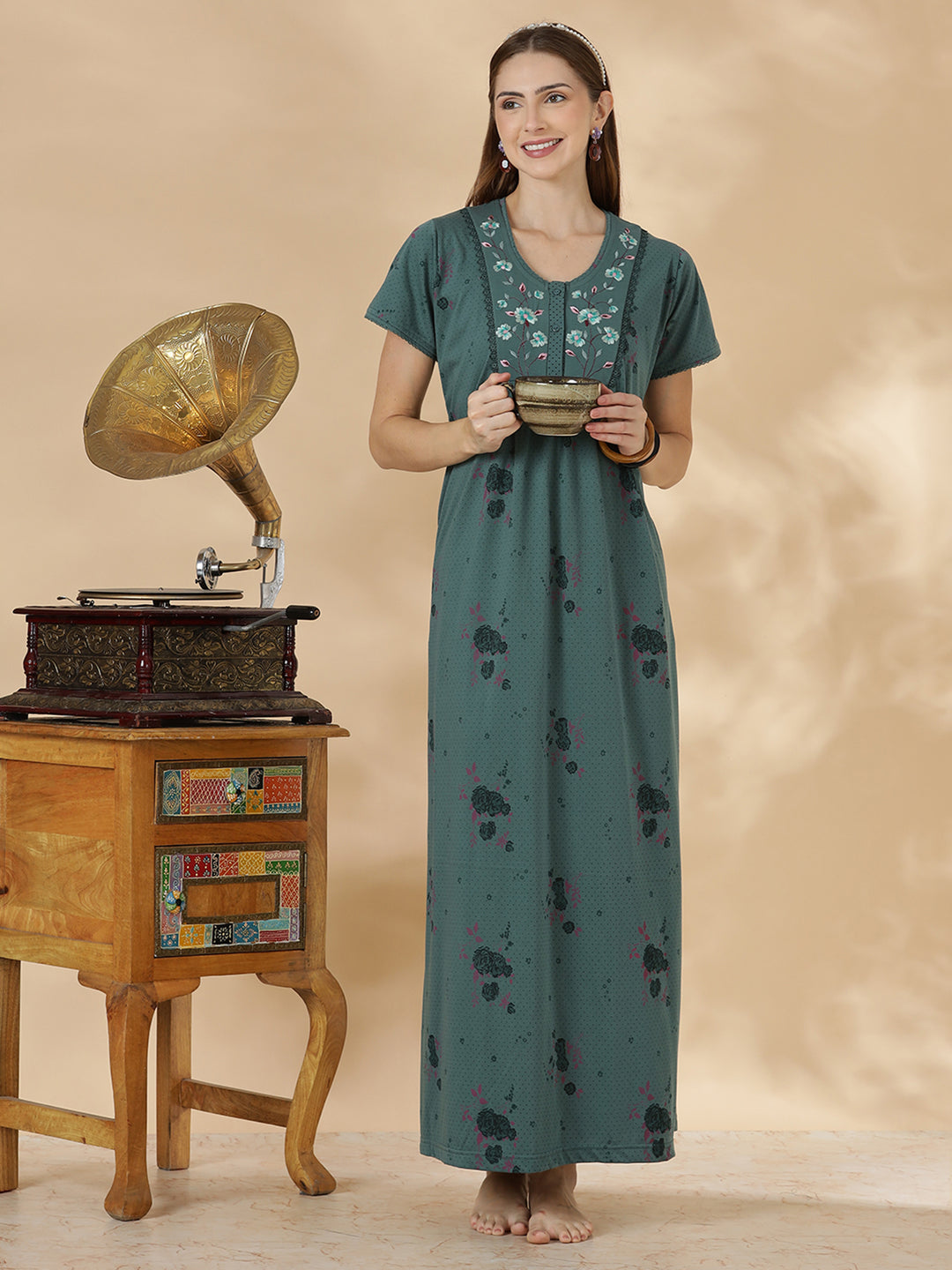 Misty teal floral cotton blend daily wear nighty for women