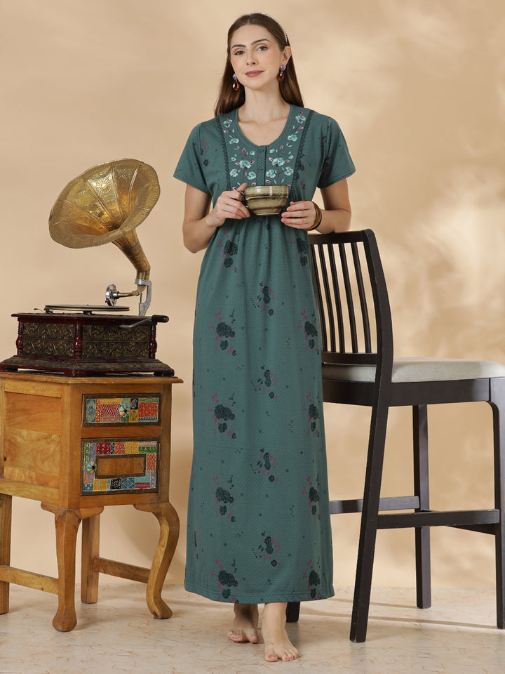 Misty teal floral cotton blend daily wear nighty for women