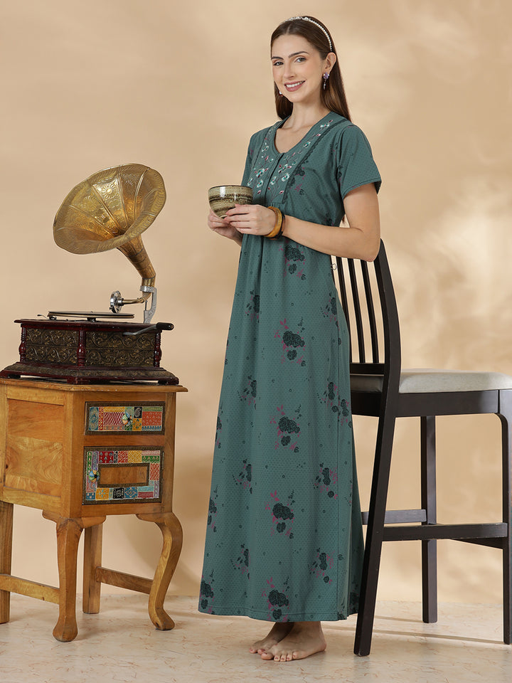 Misty teal floral cotton blend daily wear nighty for women