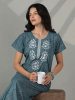 Charm Teal Floral Embroidered Pure Cotton Nighty for Women