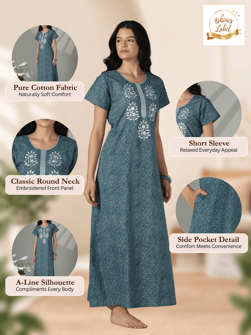 Teal floral embroidered cotton night dress for women