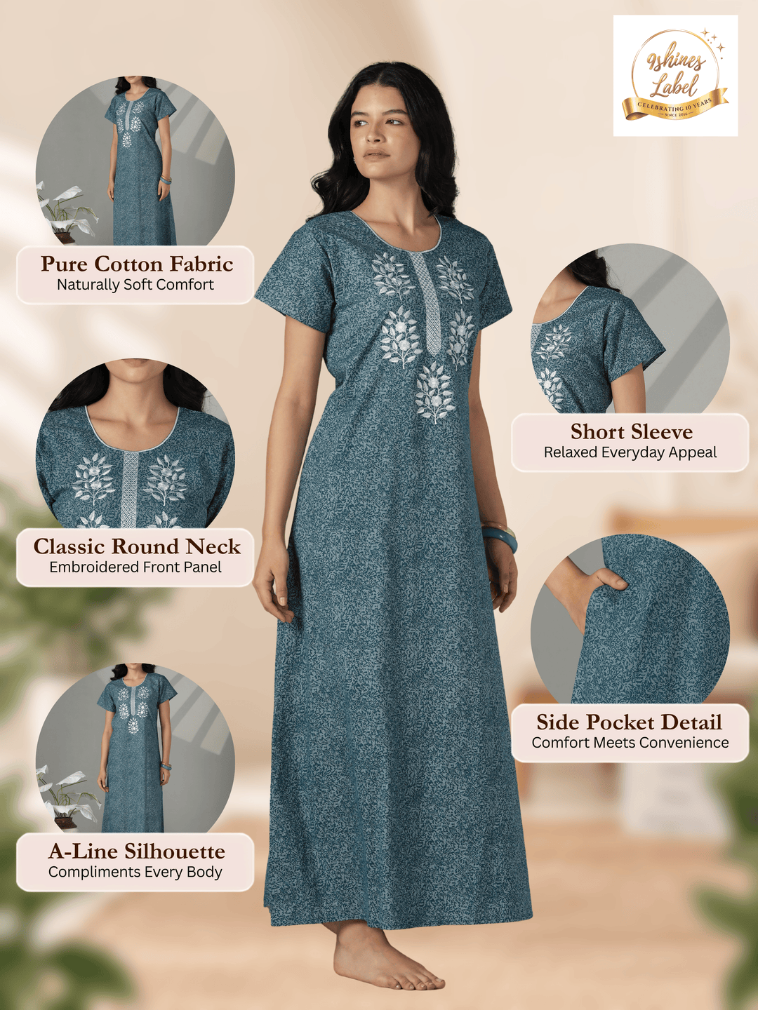 Teal floral embroidered cotton night dress for women
