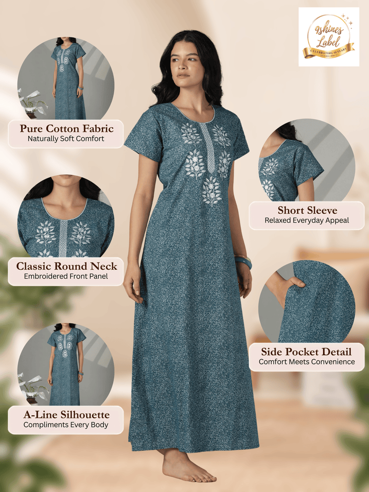 Teal floral embroidered cotton night dress for women