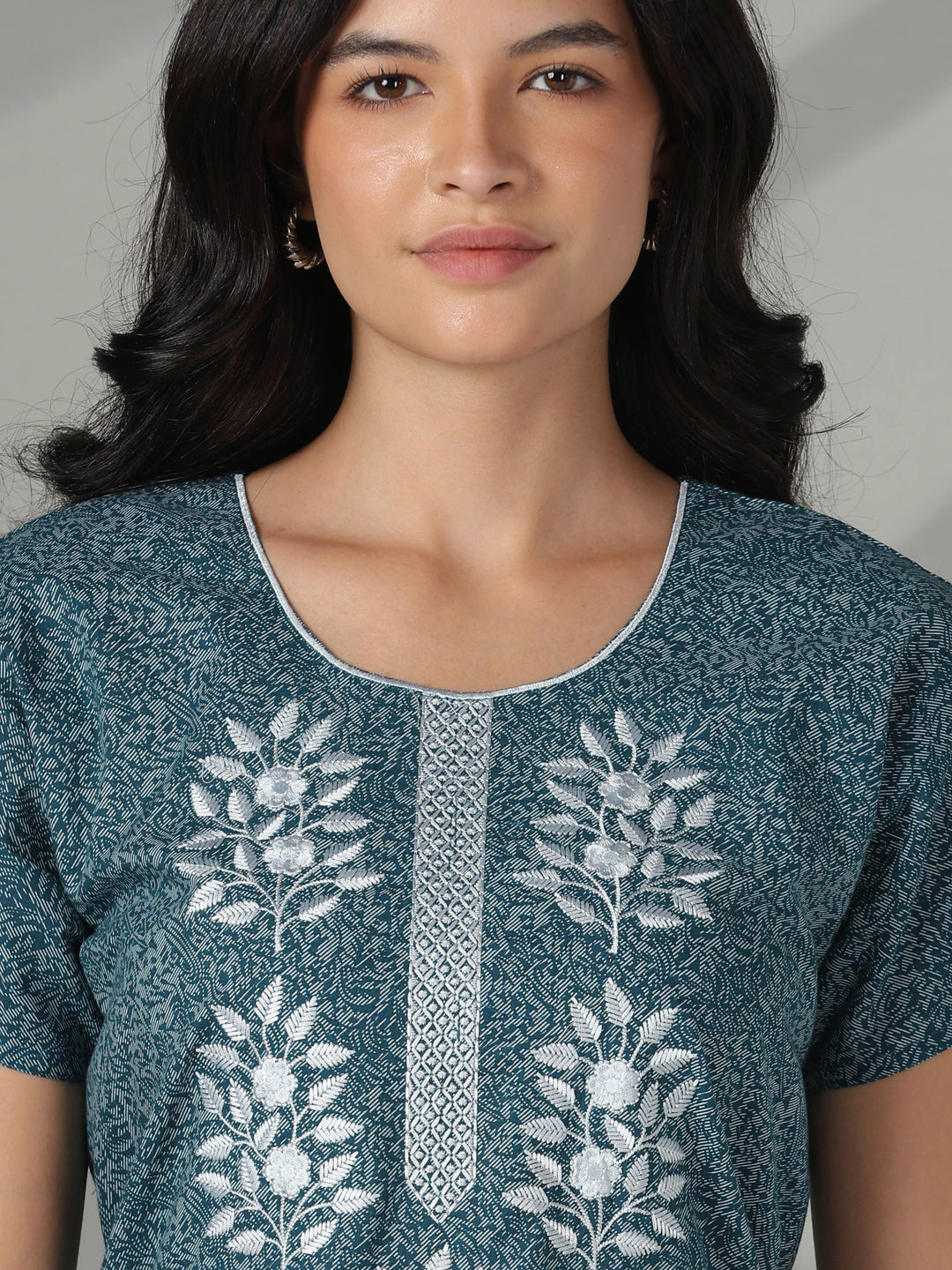 Teal floral embroidered cotton night dress for women
