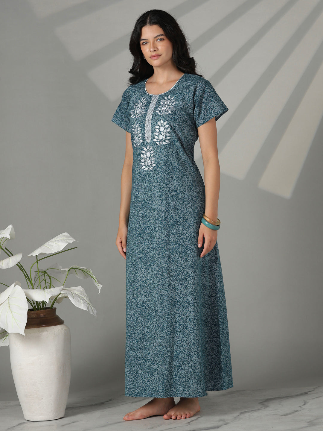 Teal floral embroidered cotton night dress for women