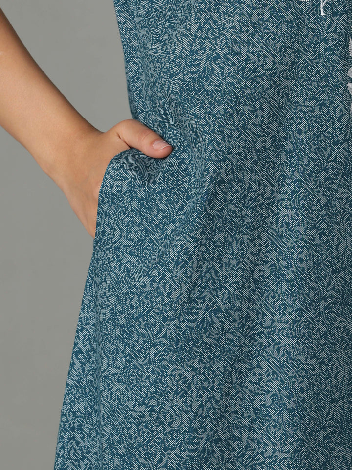 Teal floral embroidered cotton night dress for women