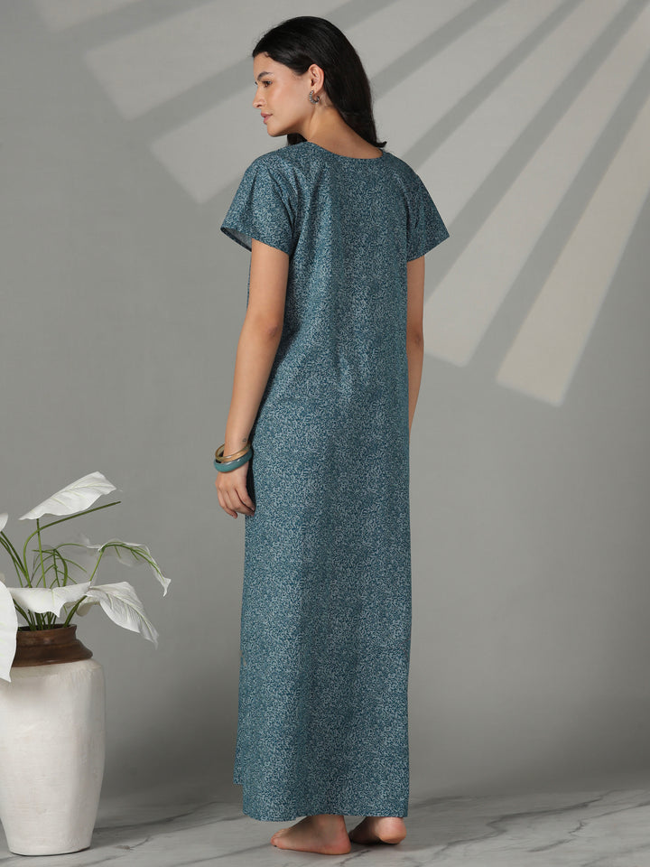 Teal floral embroidered cotton night dress for women