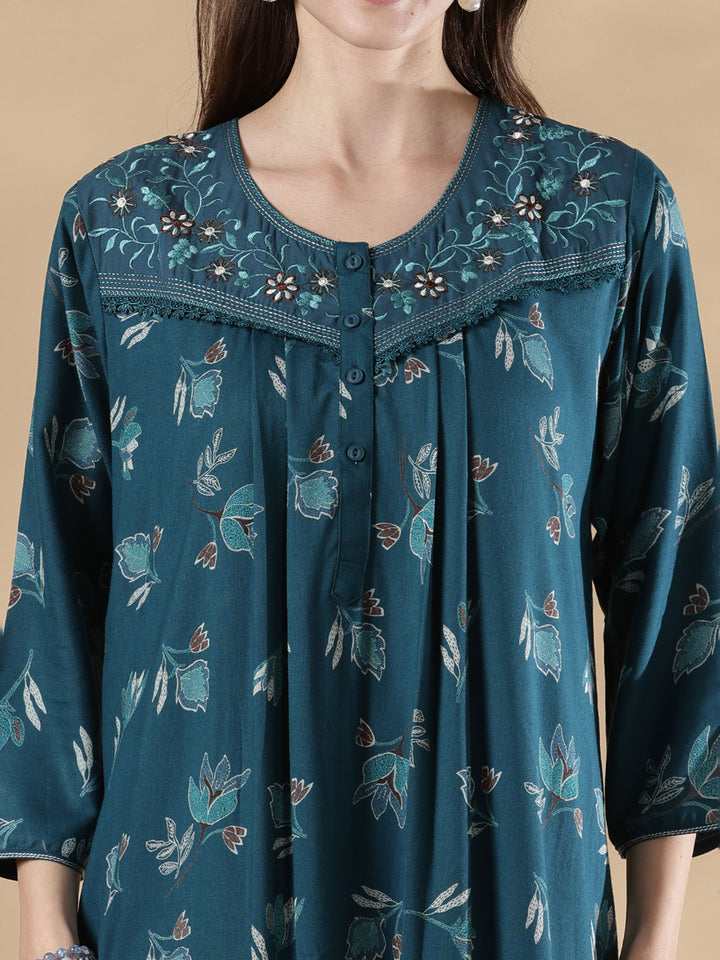 Teal blue floral print full sleeve nighty for women in alpine
