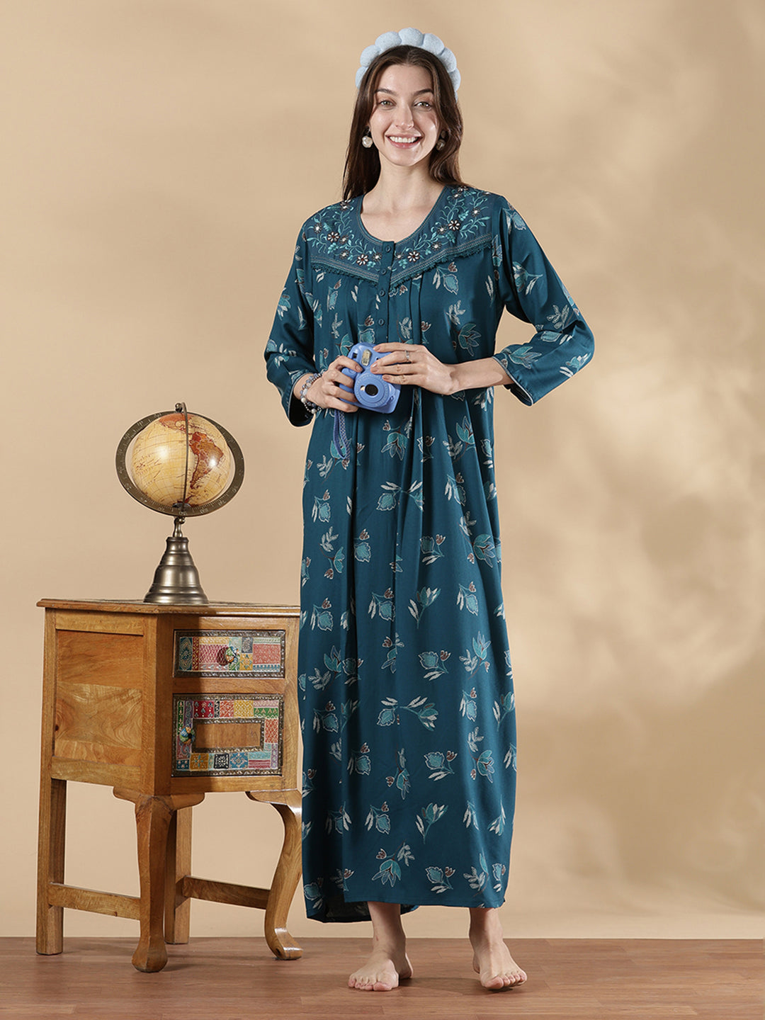 Teal blue floral print full sleeve nighty for women in alpine