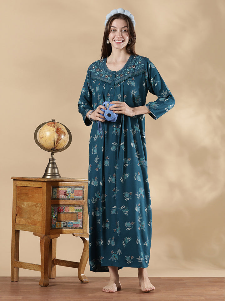 Teal blue floral print full sleeve nighty for women in alpine