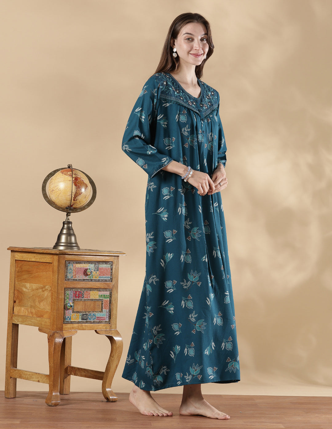 Teal blue floral print full sleeve nighty for women in alpine