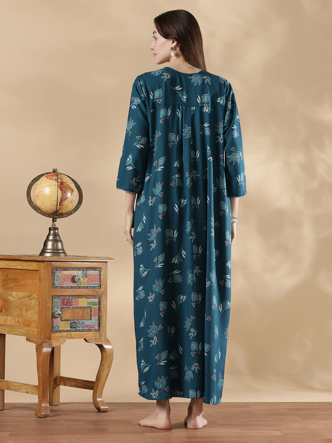 Teal blue floral print full sleeve nighty for women in alpine