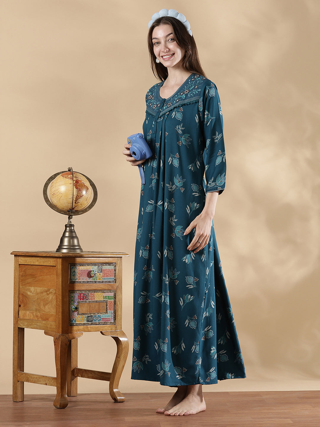 Teal blue floral print full sleeve nighty for women in alpine