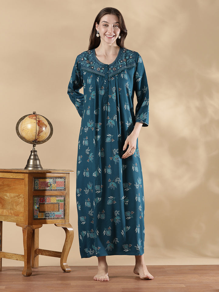 Teal blue floral print full sleeve nighty for women in alpine