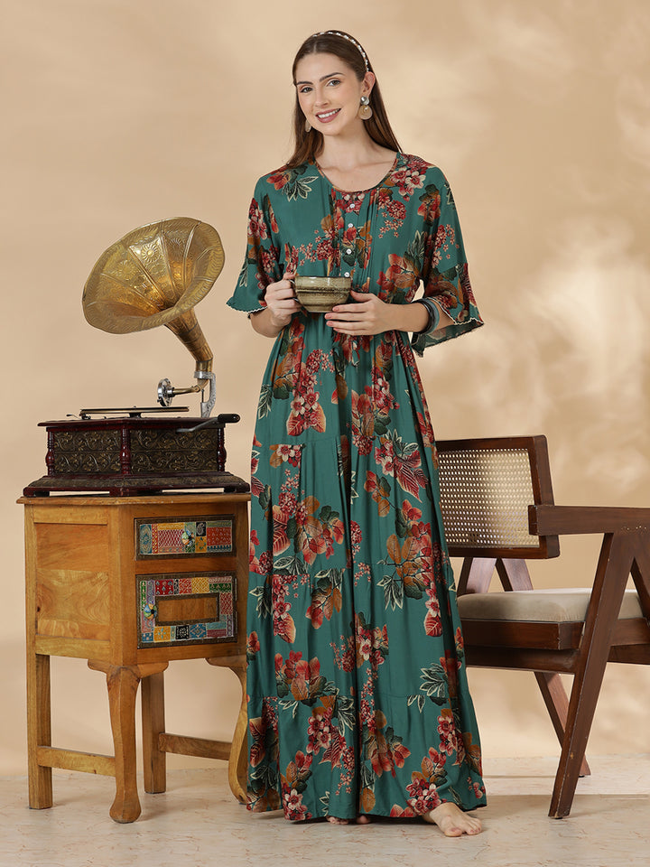 Teal green frock style comfortable nighty for women In rayon