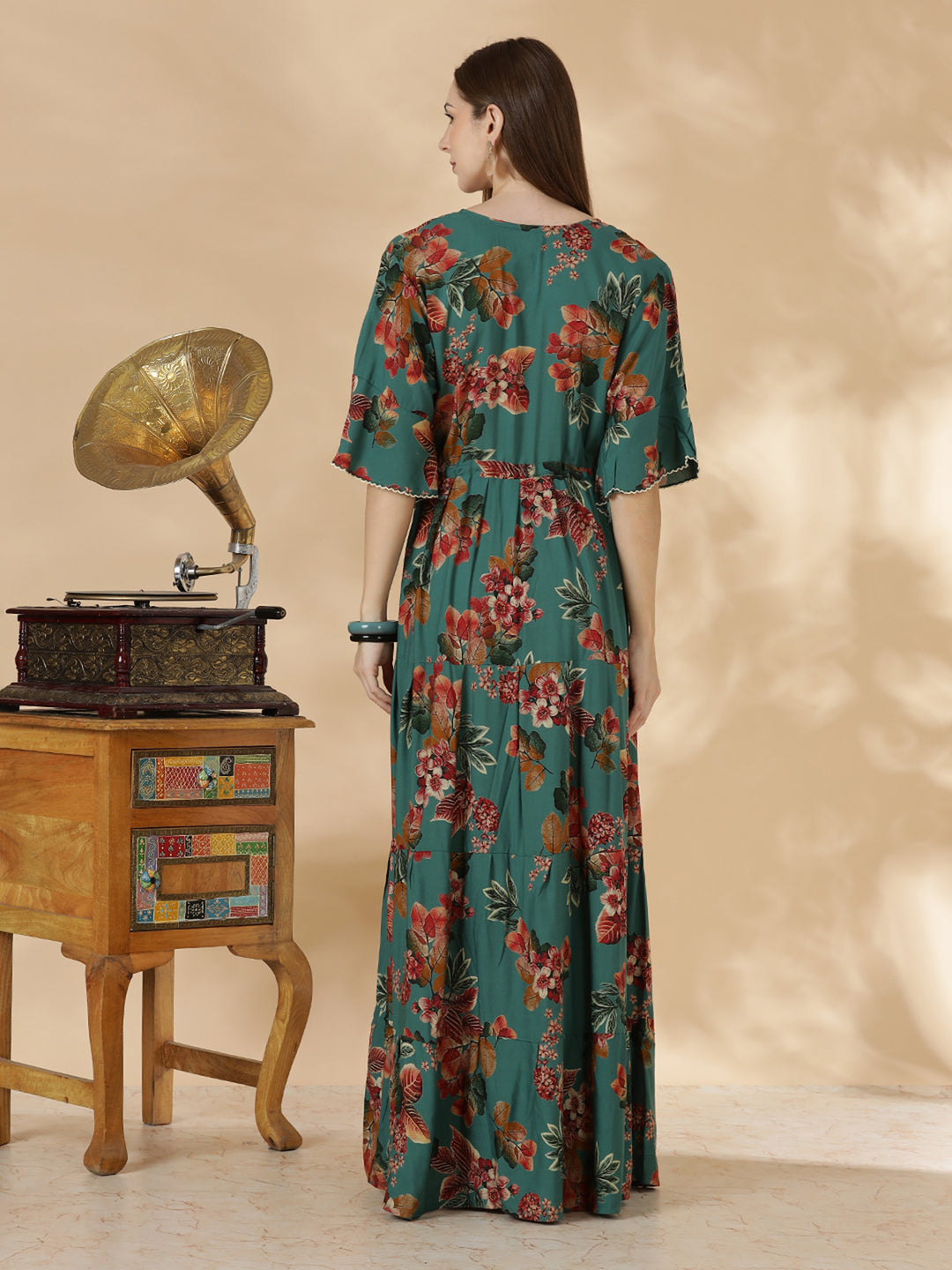 Teal green frock style comfortable nighty for women In rayon