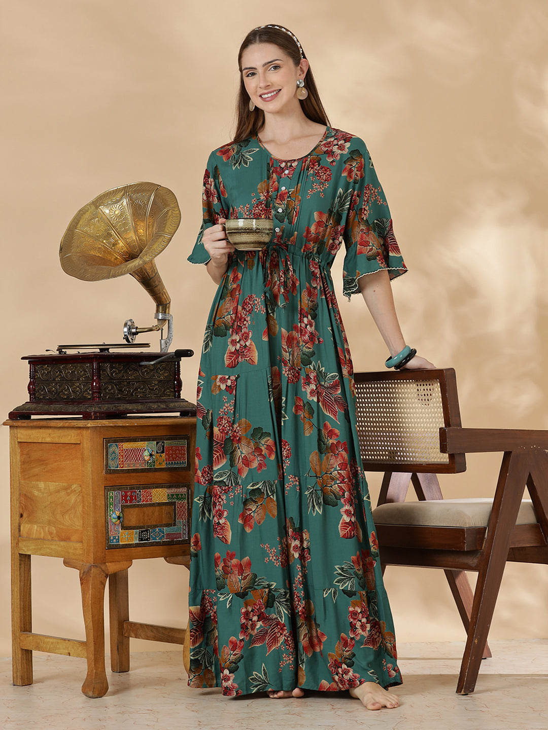 Teal green frock style comfortable nighty for women In rayon