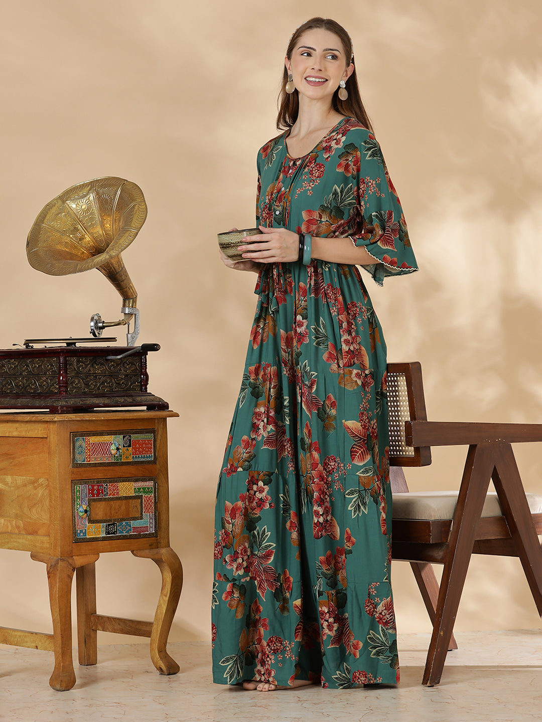 Teal green frock style comfortable nighty for women In rayon