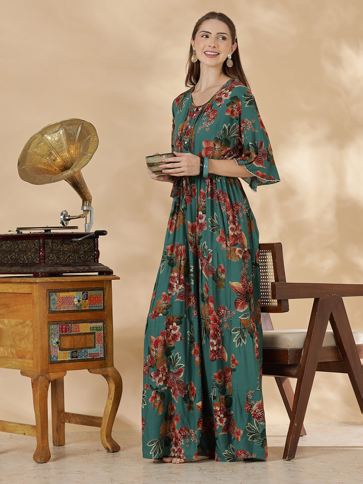 Teal green frock style comfortable nighty for women In rayon