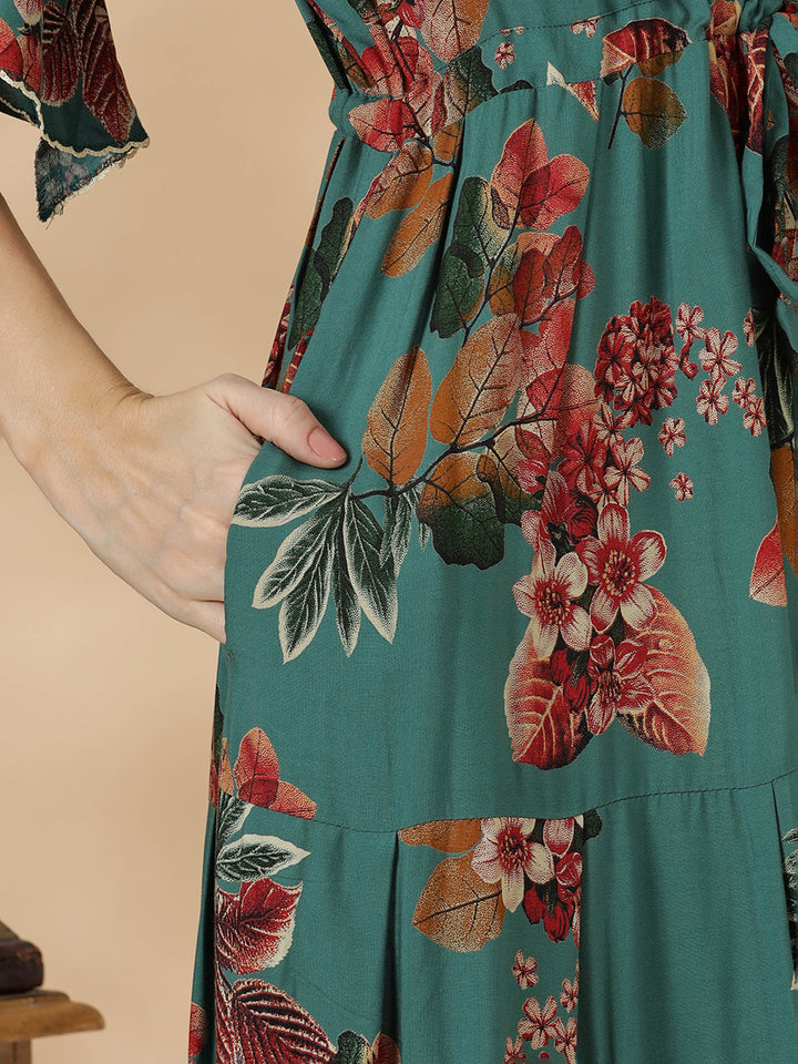 Teal green frock style comfortable nighty for women In rayon