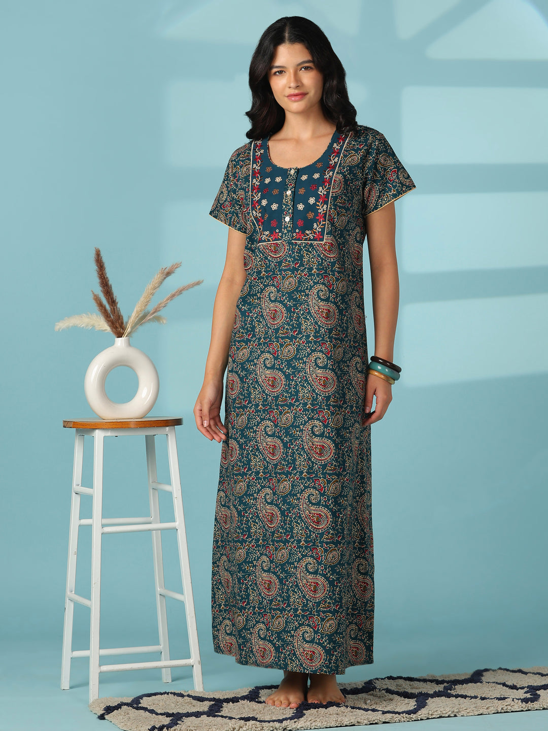 Teal paisley print cotton nighty dress for women