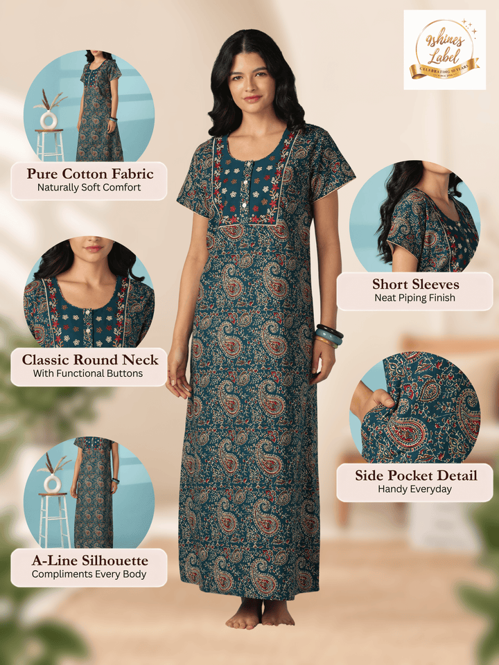 Teal paisley print cotton nighty dress for women