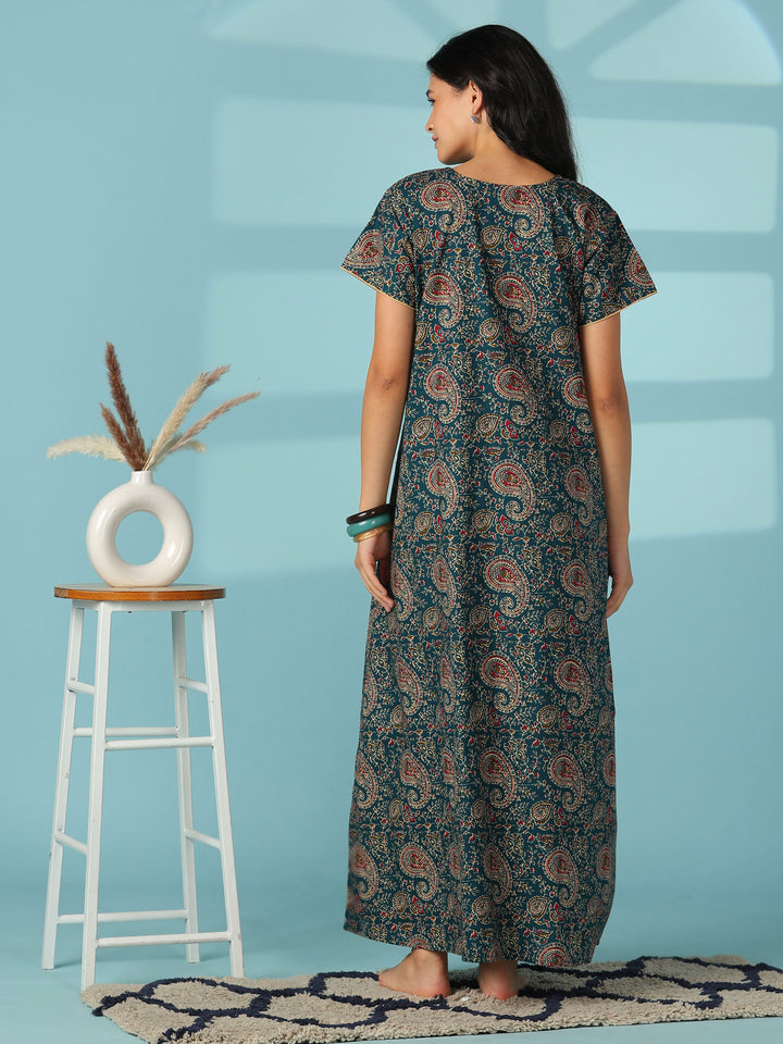 Teal paisley print cotton nighty dress for women