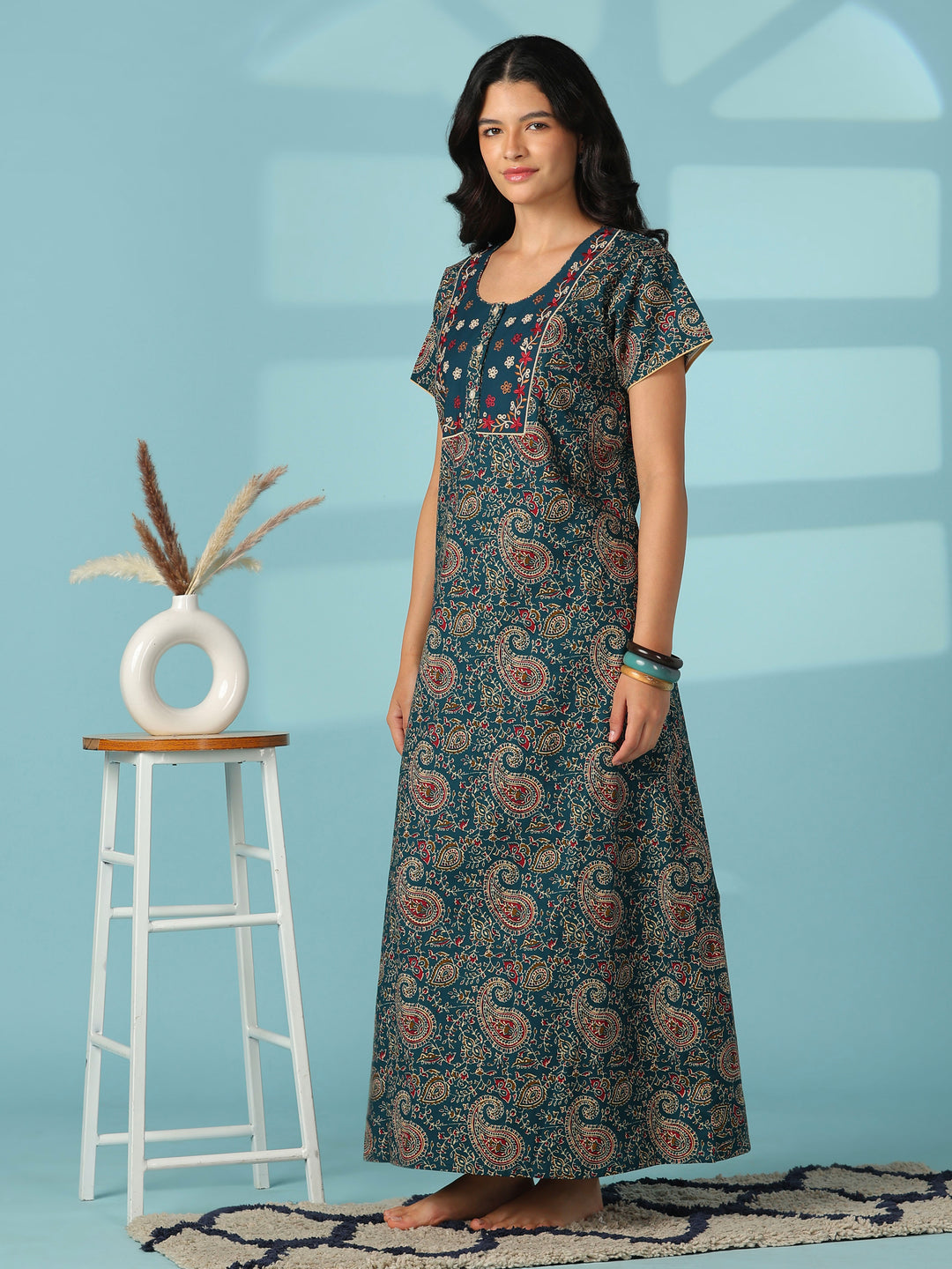 Teal paisley print cotton nighty dress for women
