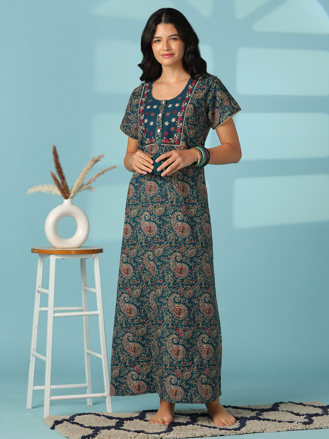 Teal paisley print cotton nighty dress for women