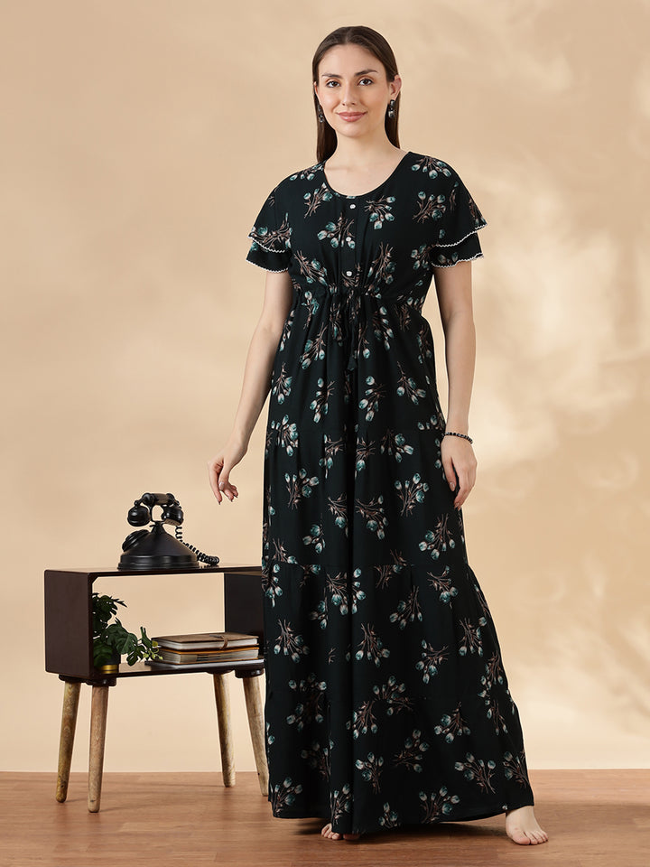 Tulip green floral alpine nighty dress for women In India
