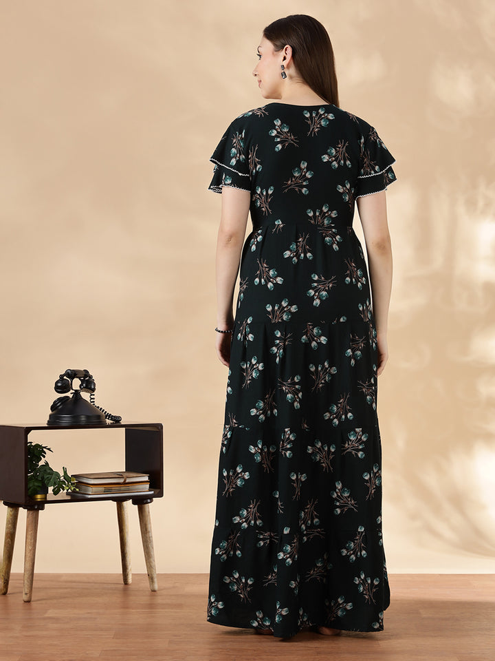 Tulip green floral alpine nighty dress for women In India